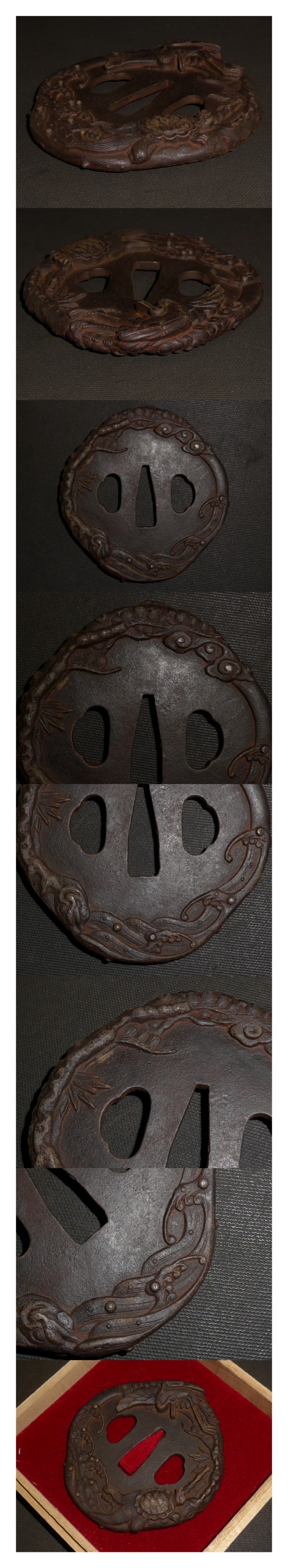 入庫▲▽大刀鶴亀図鍔 古い,鉄、毛彫、箱付8.8×8.3×1㎝180/280ｇ▲▽ 鍔、刀装具